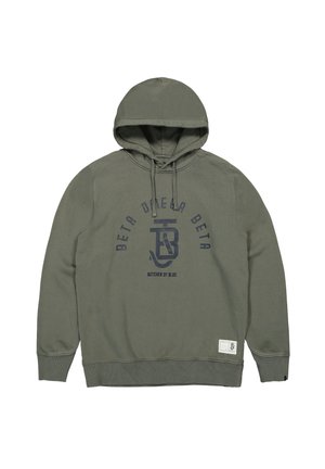 Olivgrüner Hoodie mit vorderen Kordeln, gerippten Bündchen und marineblauem Aufdruck mit den Worten "BETA" und "BUTCHER OF BLUE" sowie einem Logo in der Mitte.