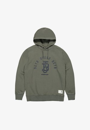 Olivgrüner Hoodie mit vorderen Kordeln, gerippten Bündchen und marineblauem Aufdruck mit den Worten "BETA" und "BUTCHER OF BLUE" sowie einem Logo in der Mitte.