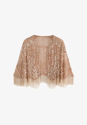 Cape transparent ornée de perles dans une teinte rose pâle avec un ourlet frangé. Présente un travail de perles complexe aux motifs géométriques, créant un effet texturé et en couches.