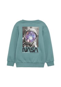 Teal sweatshirt met een NASA grafische print van een astronaut met een kleurrijke sterrenstelsel in de vizier. Ribgebreide manchetten en boord.