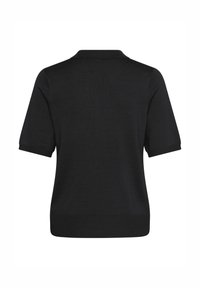 Zwarte gebreide poloshirt met korte mouwen, een gladde textuur en een klassieke kraag. Het ontwerp is eenvoudig met een rechte zoom.