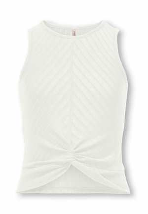 Top bianco senza maniche in maglia a coste con scollo tondo e dettaglio a nodo frontale sull'orlo.