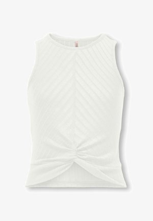 Top bianco senza maniche in maglia a coste con scollo tondo e dettaglio a nodo frontale sull'orlo.