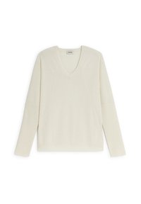 Crème V-hals trui van zacht materiaal. Heeft geribbelde mouwen en een relaxte pasvorm met diagonale naaddetails aan de voorkant.