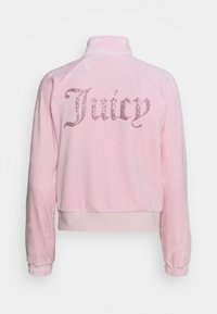 Rosa velour zip-up jacka med hög krage, med ett strass "Juicy"-logotyp på baksidan och ribbade manchetter och nederkant.