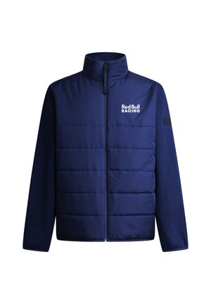 Marine blauwe pufferjack met hoge kraag, rits aan de voorkant en Red Bull Racing-logo. Heeft een doorgestikte textuur en elastische manchetten. Slim fit ontwerp.