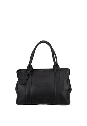 Black textured leather handbag with double handles, rectangular shape, and a branded tag hanging near one handle.