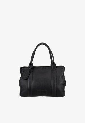 Black textured leather handbag with double handles, rectangular shape, and a branded tag hanging near one handle.