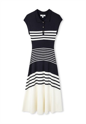 Ripp-Polo-Kleid in Marineblau und Weiß, mit horizontalen Streifen, einem Kragen und drei goldenen Knöpfen am Ausschnitt. A-linienförmige Silhouette.