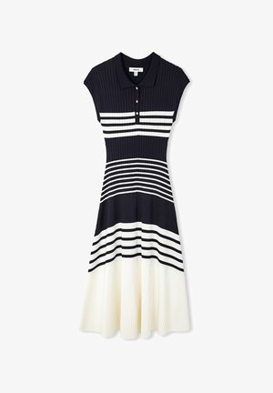 Ripp-Polo-Kleid in Marineblau und Weiß, mit horizontalen Streifen, einem Kragen und drei goldenen Knöpfen am Ausschnitt. A-linienförmige Silhouette.