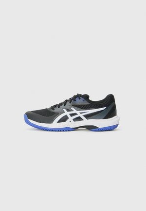 Black athletic shoe with a mesh upper. Features white accent stripes, a textured sole with blue highlights, and a cushioned heel.