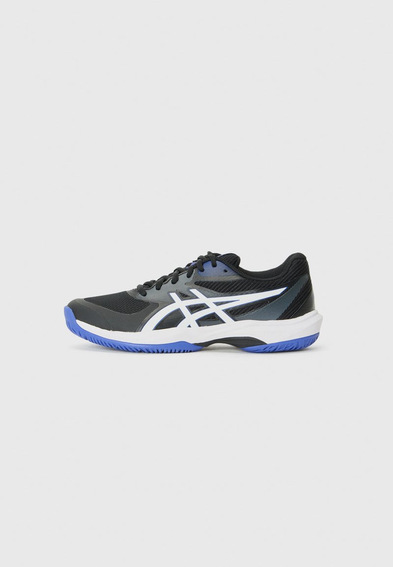 Black athletic shoe with a mesh upper. Features white accent stripes, a textured sole with blue highlights, and a cushioned heel.