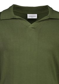 Olivgrüner Slim-Fit-Polo-Pullover mit V-Ausschnitt und Kragen. Hergestellt aus einem glatten Strickmaterial mit subtiler Textur. Markenlabel sichtbar.