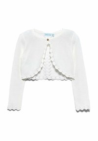 Cardigan bianco corto realizzato in morbido tessuto a maglia. Presenta maniche lunghe, un bordo ondulato e una chiusura con bottoni frontale.