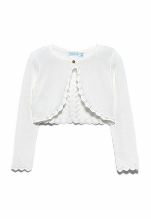 Cardigan bianco corto realizzato in morbido tessuto a maglia. Presenta maniche lunghe, un bordo ondulato e una chiusura con bottoni frontale.