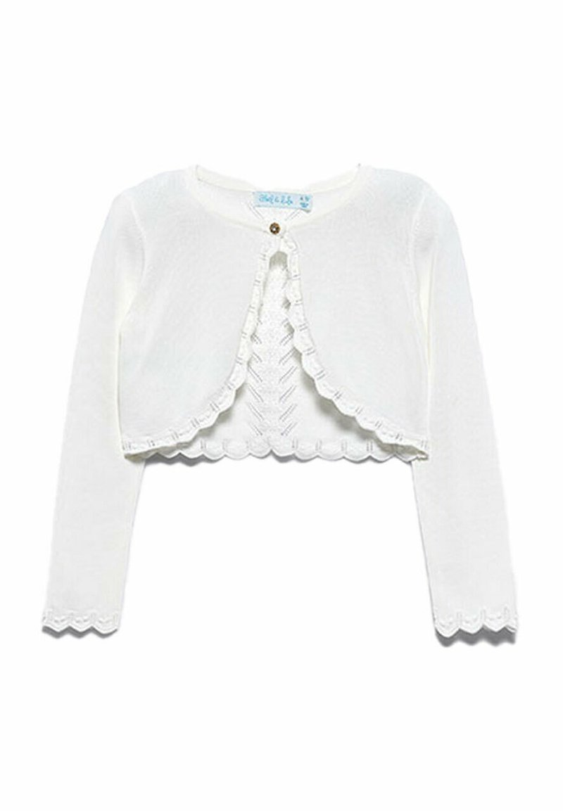 Cardigan bianco corto realizzato in morbido tessuto a maglia. Presenta maniche lunghe, un bordo ondulato e una chiusura con bottoni frontale.