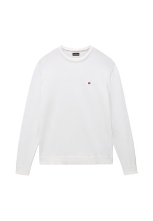 Biała bluza z długim rękawem i okrągłym dekoltem, z małą haftowaną norweską flagą na lewej piersi oraz ściągaczami na mankietach i dole.