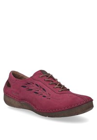 Scarpa in pelle rosa con design a foglia perforato, dettagli marroni, punta tonda e lacci minimali. Superficie testurizzata e suola imbottita.