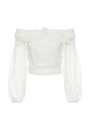 Hvid off-shoulder bluse med gennemsigtige lange pufærmer og en lille stofroset i midten af halsudskæringen.