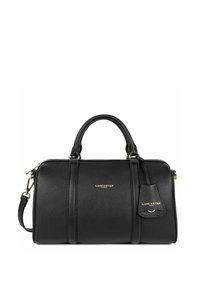 Borsa a tracolla nera in pelle con due manici superiori, tracolla regolabile, hardware dorato, finitura texturizzata e piccolo tag attaccato con logo.