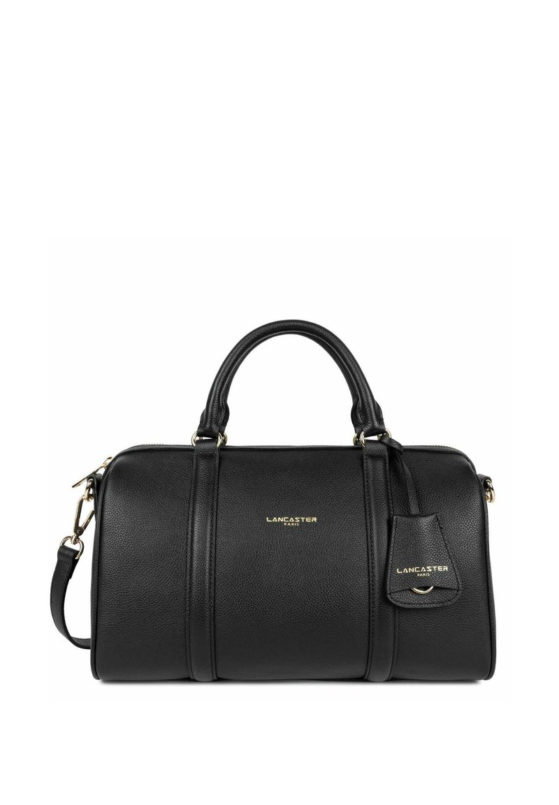 Borsa a tracolla nera in pelle con due manici superiori, tracolla regolabile, hardware dorato, finitura texturizzata e piccolo tag attaccato con logo.