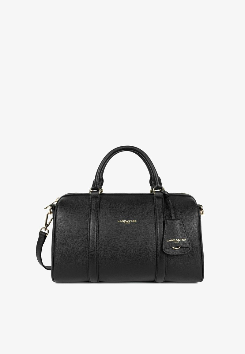 Borsa a tracolla nera in pelle con due manici superiori, tracolla regolabile, hardware dorato, finitura texturizzata e piccolo tag attaccato con logo.