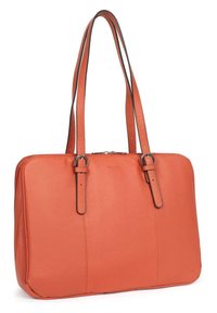 Borsa a tracolla in pelle arancione con due lunghe cinghie, una texture liscia, cuciture doppie e una chiusura lampo prominente nella parte superiore.