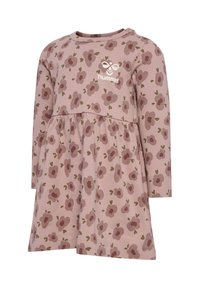 Langärmliges Kinderkleid aus weichem rosa Stoff mit einem floralen Muster in Burgunderrot und Grün. Es verfügt über einen gerafften Saum und ein Logo.