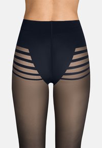 Leggings neri e color pelle con un design in rete trasparente e strisce orizzontali nere. Texture morbida con una vita alta.