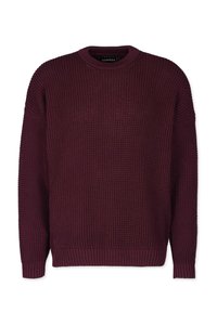 Burgundy knitted sweater with a textured pattern, round neckline, and ribbed cuffs and hem. Lightweight and casual design.