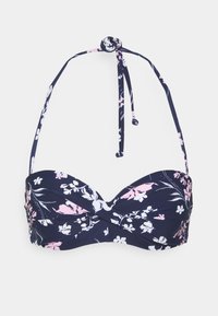Marineblauer Bikinischnitt mit pinken und weißen Blumen, mit einem gedrehten Frontdesign und verstellbaren Trägern, die am Hals gebunden werden.