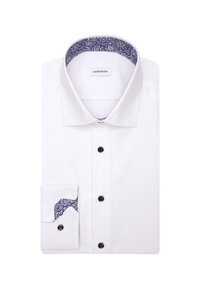 Witte dress shirt met een blauwe patroon aan de binnenkant van de kraag en manchetten. Beschikt over vijf zwarte knopen en een gestructureerde stof voor een formele uitstraling.