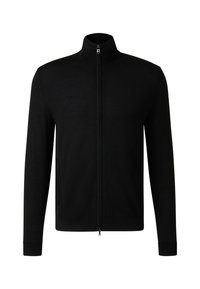 Černá bunda na zip s vysokým límcem, vyrobená z hladké látky. Má boční kapsy a přiléhavé dlouhé rukávy. Minimalistický design bez vzorů.