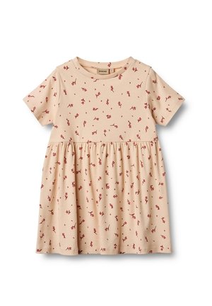 Robe beige unie à manches courtes, jupe froncée et imprimé floral rouge ; fabriquée en coton doux avec un décolleté rond.