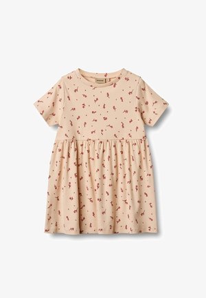 Ein schlichtes beiges Kleid mit kurzen Ärmeln, gerafftem Rock und rotem Blumendruck; aus weicher Baumwollware mit rundem Ausschnitt gefertigt.