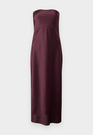 Burgundy strapless maxi dress in a smooth, lightweight fabric with a fitted bodice and a flowing, straight silhouette.