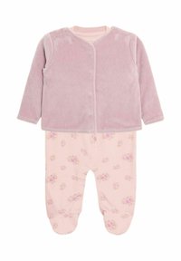 Tutina rosa per neonati con maniche lunghe, parte superiore in morbido velluto, parte inferiore in cotone con motivo floreale, chiusura a pressione e design con piedi.