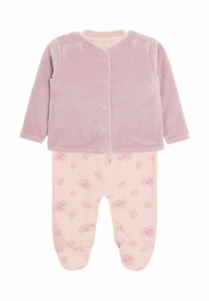 Rosa Baby-Overall mit langen Ärmeln, weichem Samt-Oberteil, Blumendruck auf dem Baumwollunterteil, Druckknopfverschluss und Füßchen-Design.