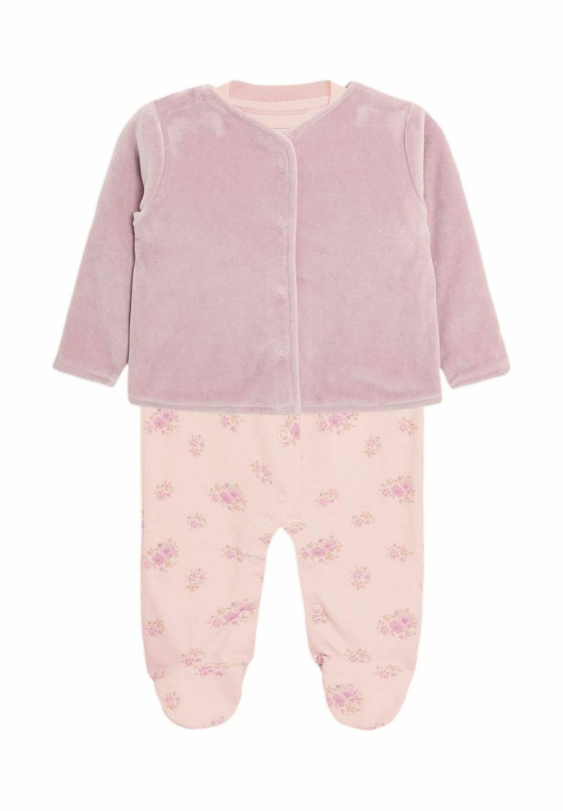 Tutina rosa per neonati con maniche lunghe, parte superiore in morbido velluto, parte inferiore in cotone con motivo floreale, chiusura a pressione e design con piedi.
