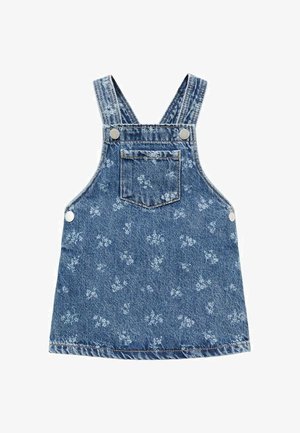 Robe en denim avec bretelles ajustables, motifs floraux bleu clair, poche à l'avant et boutons-pression argentés sur les bretelles.