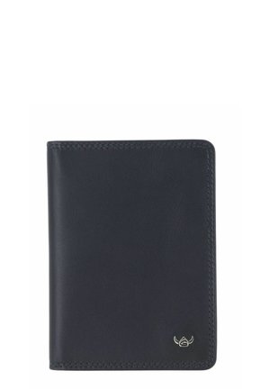 Black leather bifold wallet with stitched edges and a small silver logo emblem in the bottom right corner.