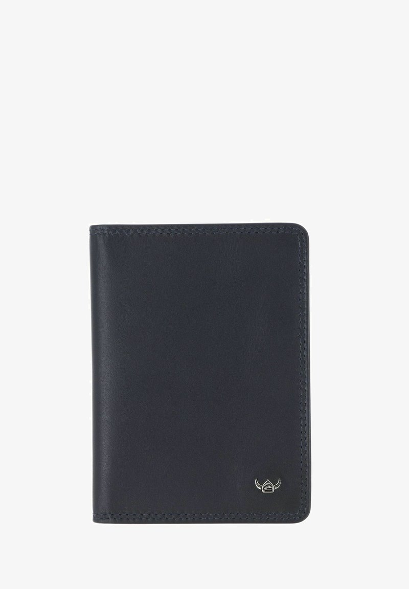 Portefeuille noir en cuir bifold avec bords cousus et petit logo argenté dans le coin inférieur droit.