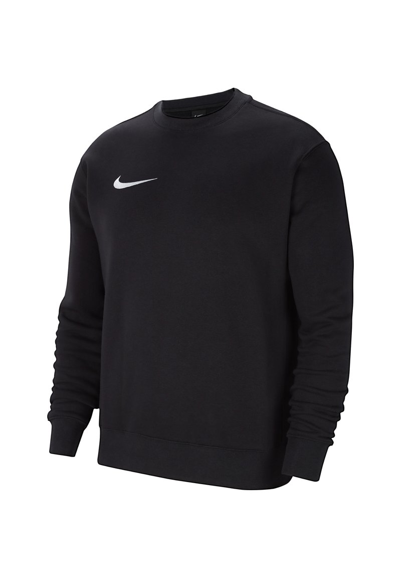 Zwarte sweatshirt gemaakt van een katoenmix, met een ronde halslijn, lange mouwen en een wit Nike-logo op de borst. Glad van textuur.