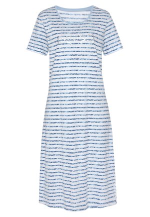 Striped dress in light blue with darker blue horizontal stripes. Short sleeves, round neckline, and slight flare towards the hem. Soft fabric texture.