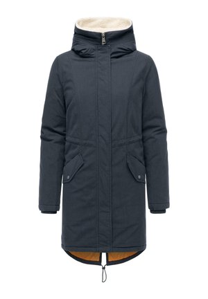 Dunkelblauer langer Mantel mit einer gefüttert mit Kunstpelz besetzten Kapuze, seitlichen Taschen und verstellbarem Kordelzugsaum. Mit gestepptem orangefarbenem Futter.