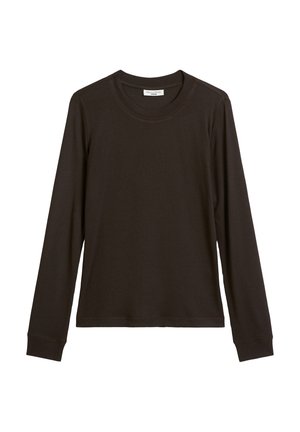 Koszula z długim rękawem wykonana z głęboko brązowej prążkowanej tkaniny, z okrągłym dekoltem i dopasowanymi mankietami. Prosty, bezszwowy fason.