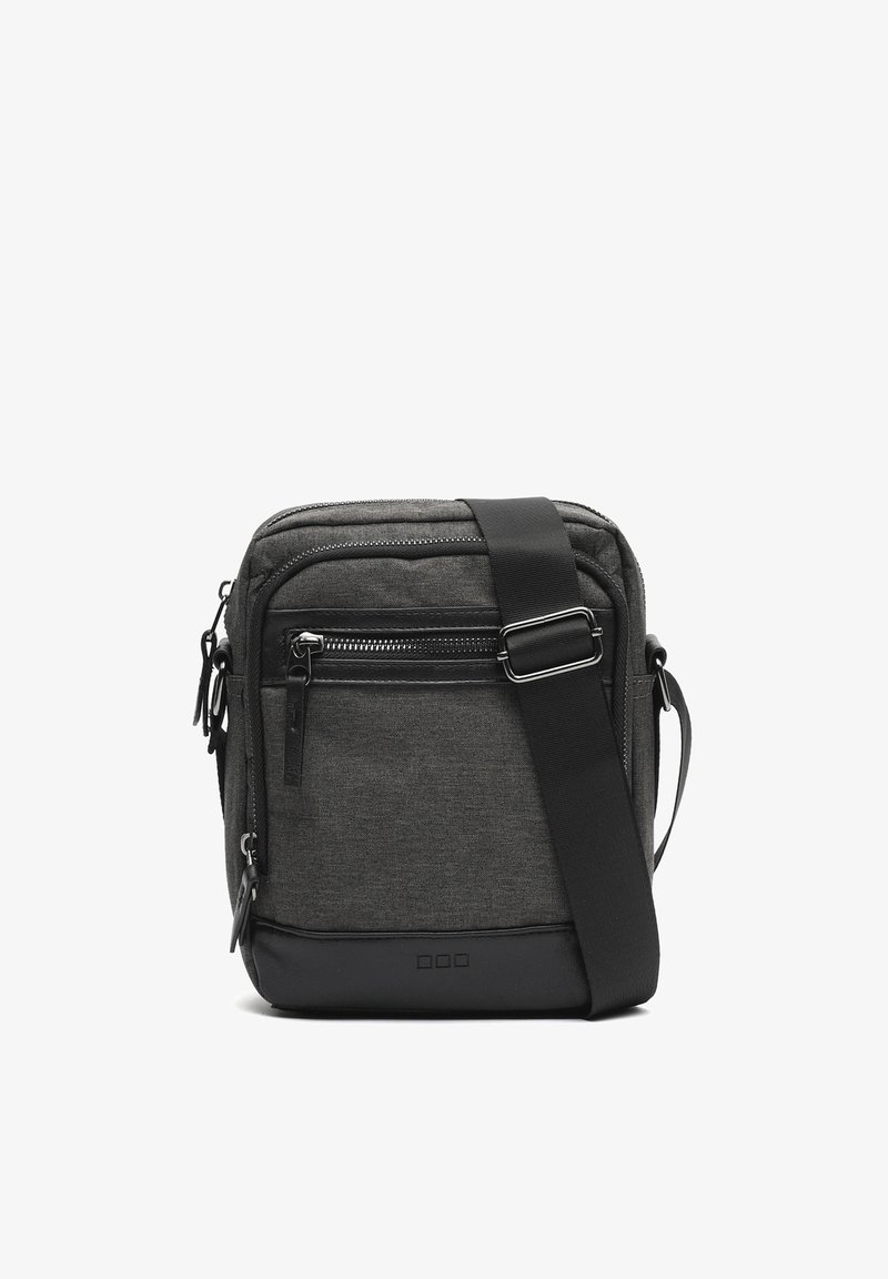 Compact dark gray crossbody bag with black adjustable strap, front zip pocket, and leather base panel.