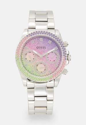 Silver chronograph watch with a colorful, glitter gradient dial featuring pink, green, and purple accents, and a jeweled bezel.