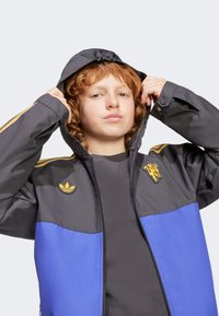 Jakna otporna na vodu u sivoj i plavoj boji, s kapuljačom, Adidas logotipom i emblemom lava. Ima zatvaranje na rajsferšlus i pruge na ramenima.
