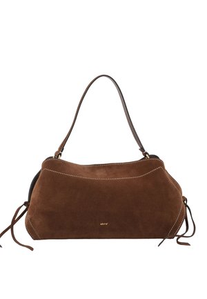 Brown suede handbag with a single shoulder strap, white stitching, and small gold logo text "abro" centered on the front.